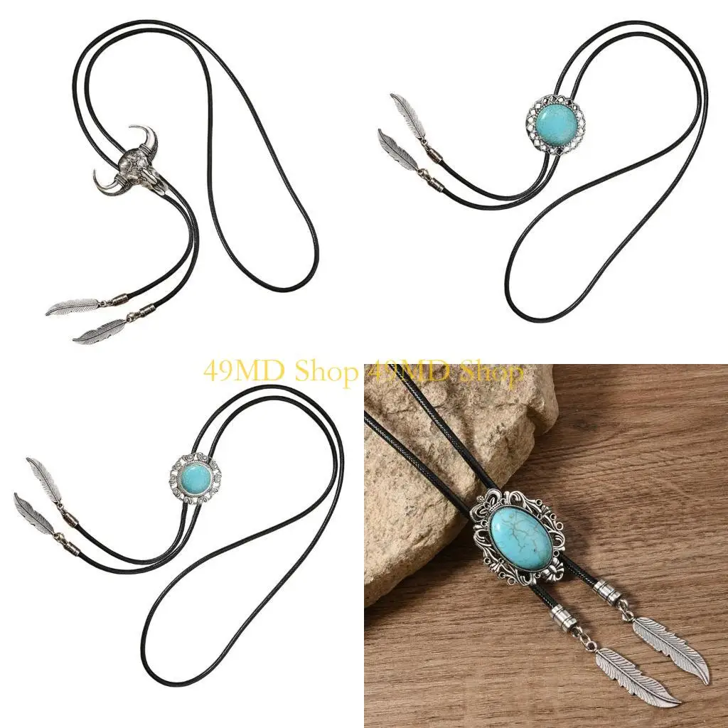 49md-メンズフェイクレザーロープボロタイウエスタンカウボーイネクタイヴィンテージターコイズジュエリーフェザーペンダントウエスタンネックレス