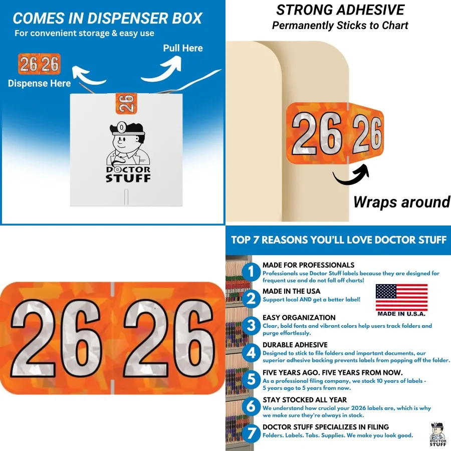 

2026 Year Labels Doctor Stuff 2026 Chart Stickers Holographic Orange Colored USA Made Year Label for End Tab File Folders 500 L