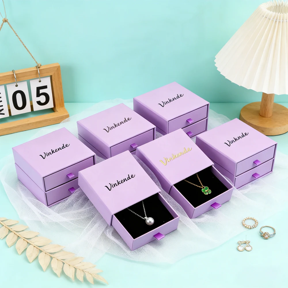 

50Pack Purple Kraft Paper Drawer Travel Jewelry Packaging Box 9x9x2.5cm Personalized Logo Necklace Earrings Rings Gift Organizer