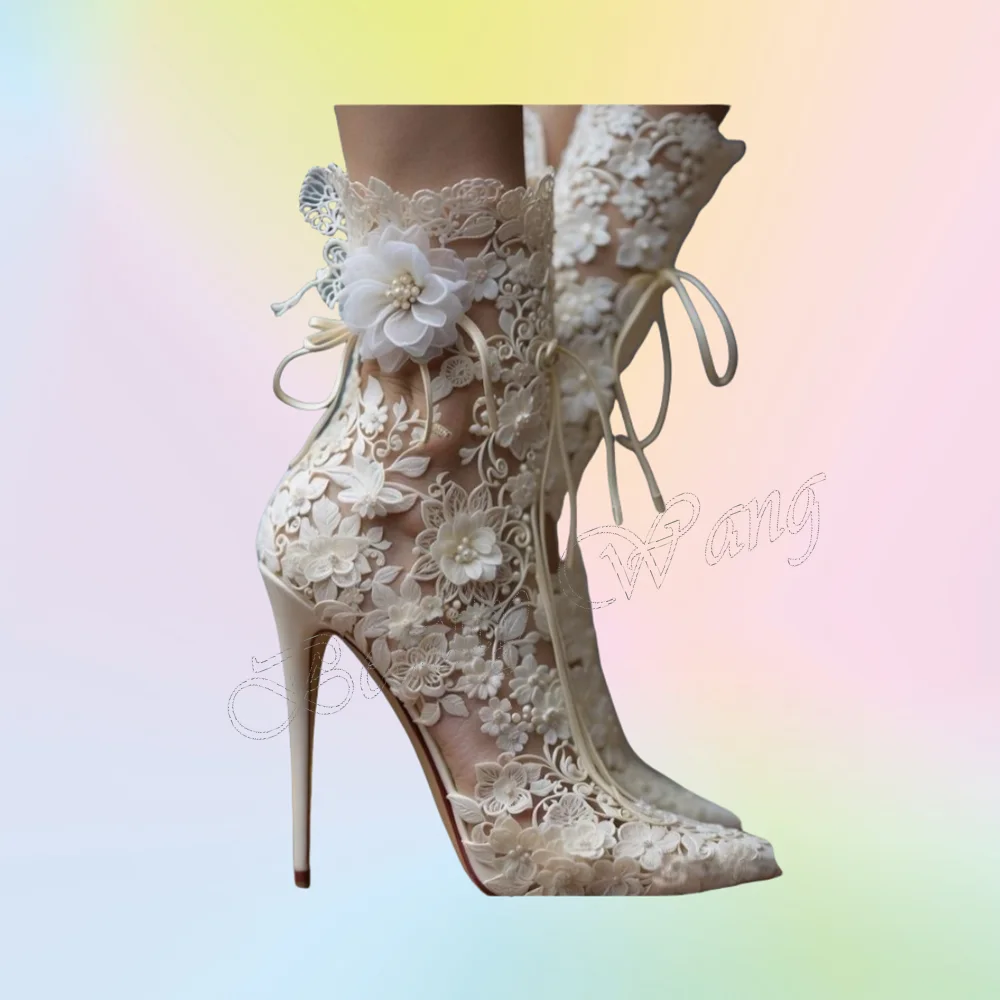 

White Flower Decor Air Mesh Boots Cross Tied Pointed Toe Shoes for Women Stilettos High Heels Shoes 2025 Zapatos Para Mujere