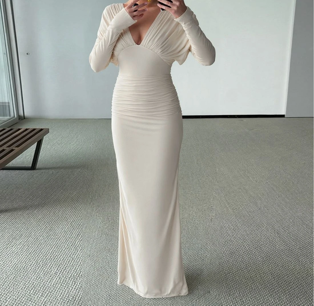 2025 Vestido sexy plisado con cuello en V y cintura ajustada para mujer