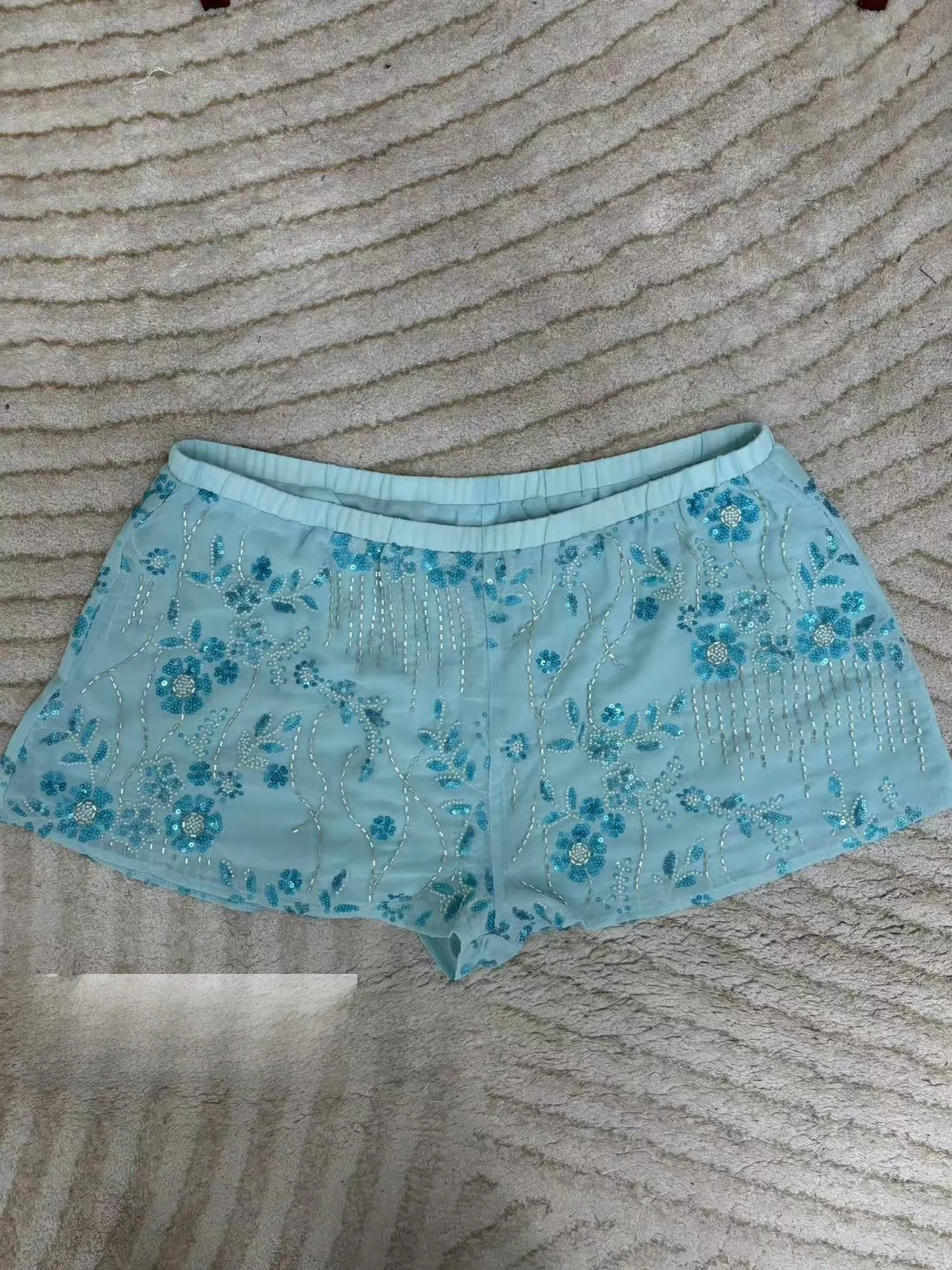 T Home PE شورت خصر مطاطي مطرز شديد التحمل E2 سروال قصير عالي الخصر كاجوال مادة رقيقة لموسم الربيع