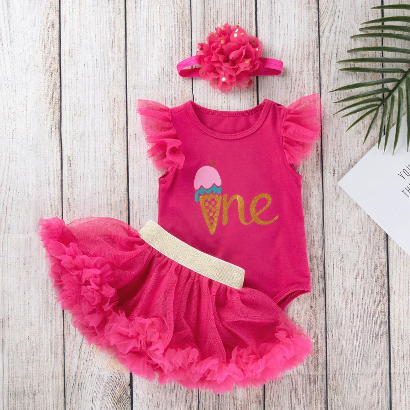 

New Baby Girl Birthday Outfit Sleeveless Romper Bottoms Skirt Set Infant First Birthday Outfit Three-Piece Wholesale