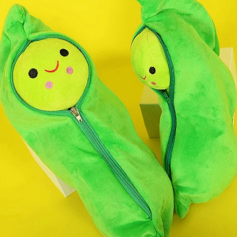 2 Piece Stuffed Pea Toy Soft Plush Zipper Closure Smiling Face Filled Plant Doll Kids Pillow Toy Plush + PP Cotton