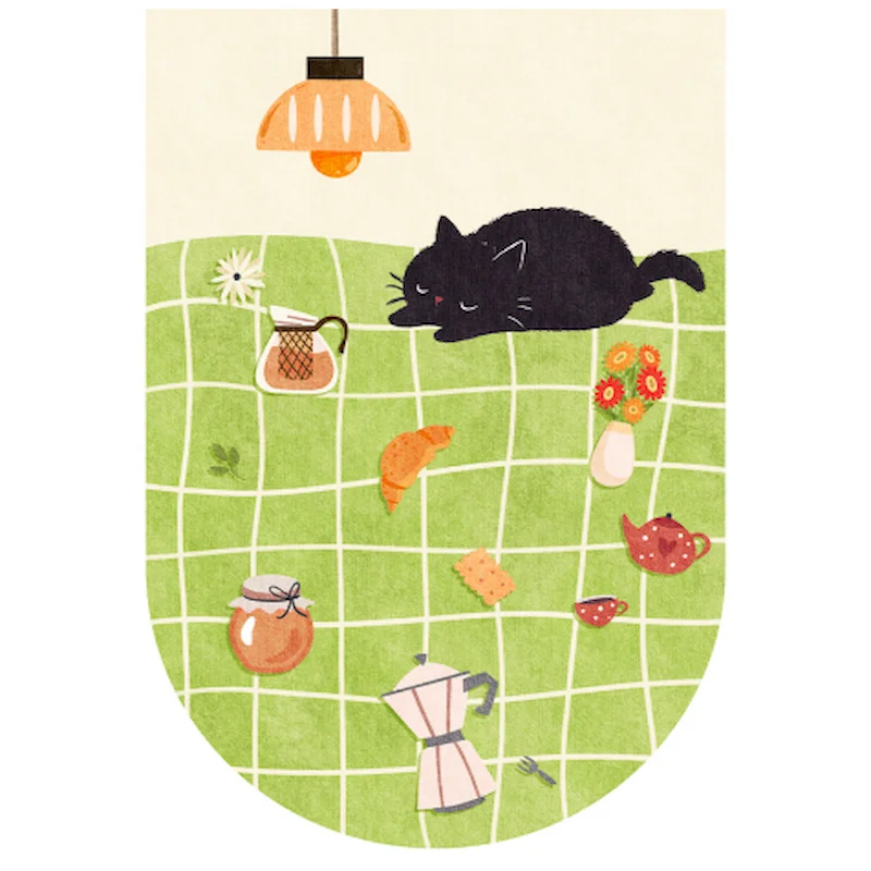 VIKAMA Cartoon Cat Color Block Half Round Desk Mat Cute Illustration Anti Slip Carpet Learning Work Home Decoration