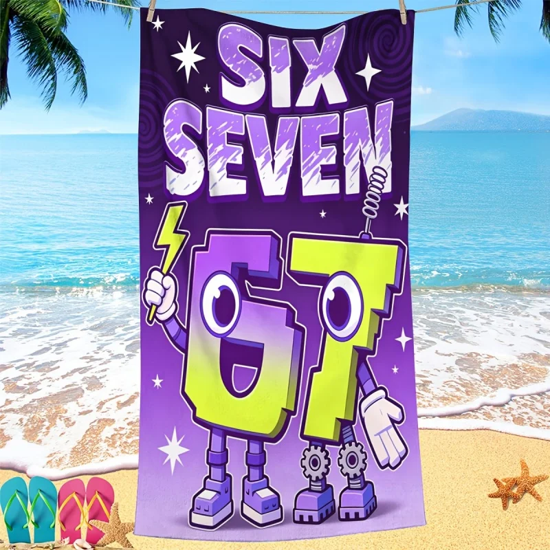 Cartoon Six Seven Number Robot Beach Towel Purple Graffiti Kids Swimming Bath Towel