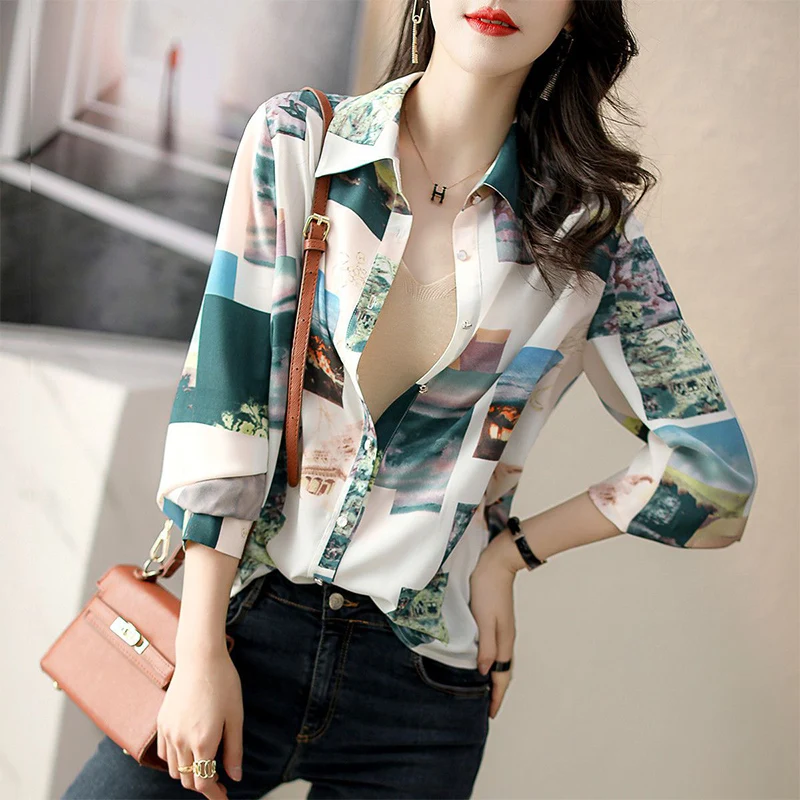 Summer Polo-neck Vintage Print Chiffon Shirt Ladies Long Sleeve Temperament All-match Casual Top Women Elegant Fashion Blouse