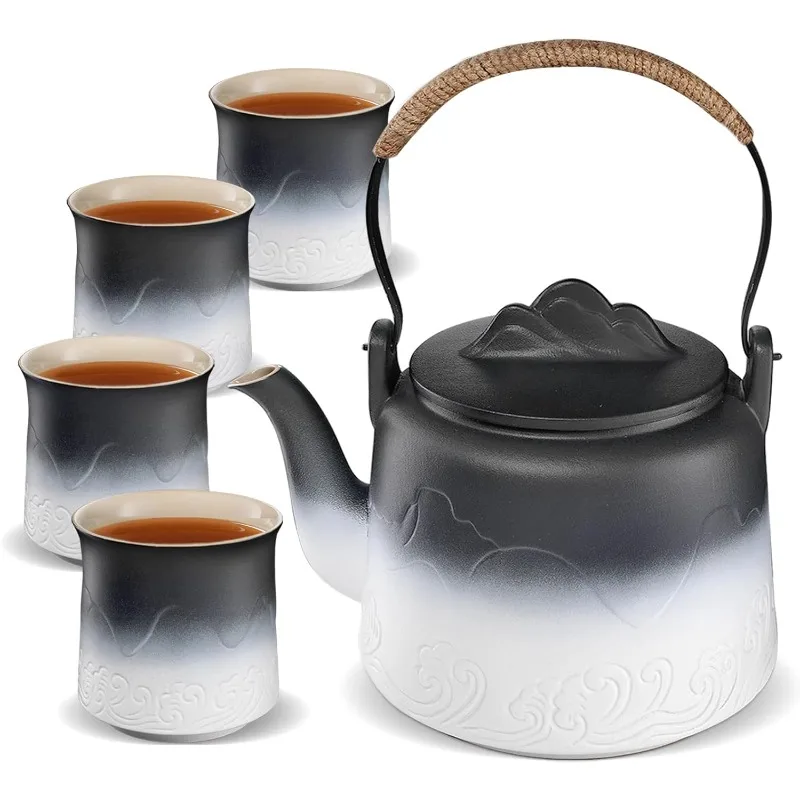 

Vintage Japanese Tea Set,33.8 oz Gradient Embossed Ceramic Japanese Teapot with Built-in Strainer for Tea Steeper,Black & White