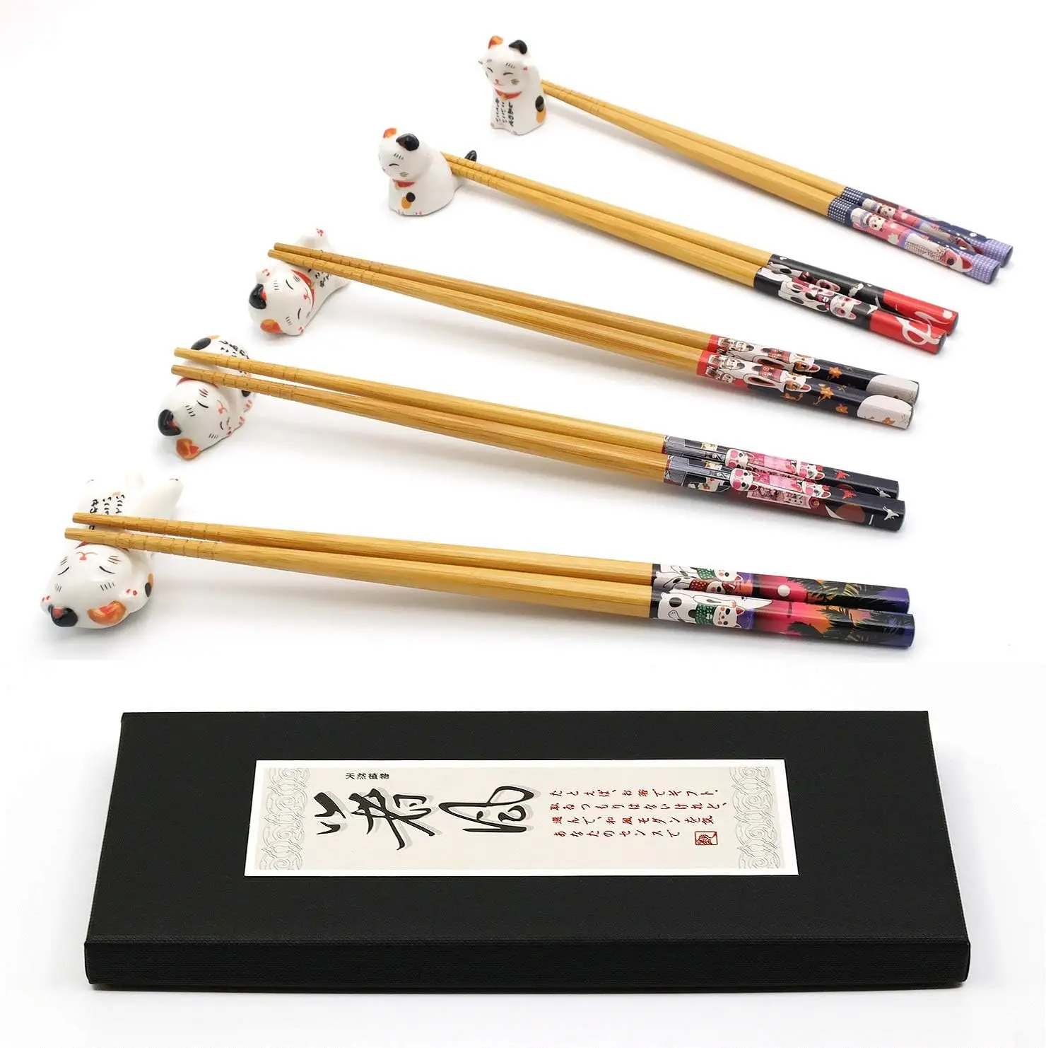 5 Pares de Palillos de Bambú con 5 Soportes de Cerámica con Forma de Gato - Diseño de Gato de la Suerte, Palillos Reutilizables de 8.6 Pulgadas para Sushi, Ramen, Comida Asiática