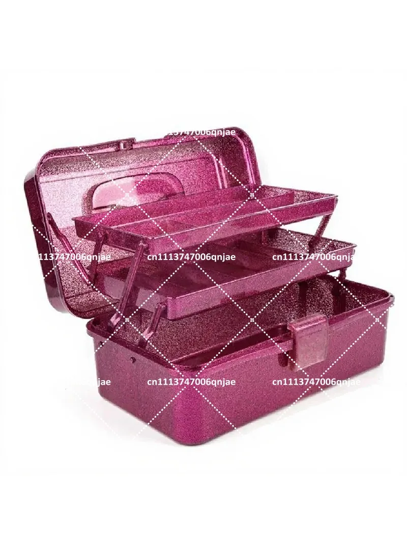 3-Layer Stackable Craft Storage Box with Glitter Pink Finish, Portable Sewing & Art Supply Organizer Case