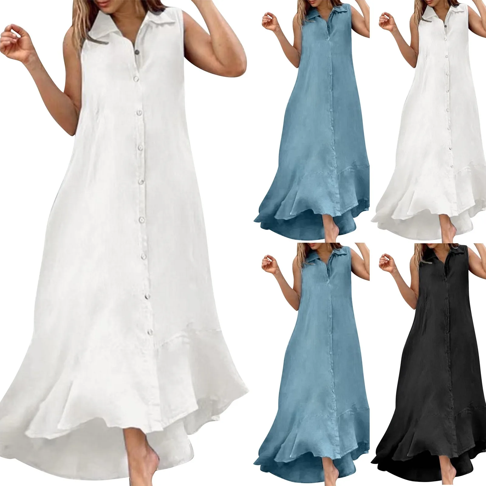 เดรสยาวคอปกแขนกุดสำหรับผู้หญิงชุดเดรสยาวสีทึบมีกระดุมทรงหลวมสำหรับฝ้ายลินินวันหยุดพักผ่อนขนาดใหญ่