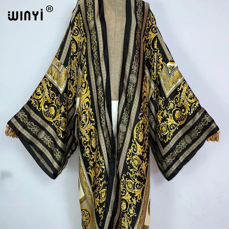 WINYI kimono Classic pattern print beach outfits for women Bohemian Cardigan Cover-up stitch Boho Maxi Holiday party kimono