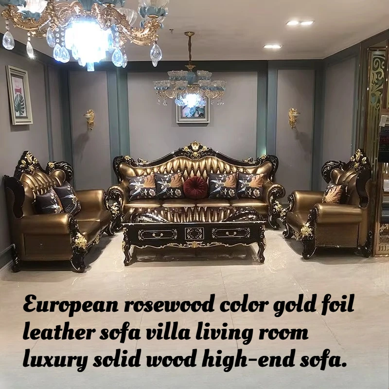 European Luxury Mahogany Gold Leaf Top Leather Solid Wood Sofa Set Villa LivingRoom Furniture Sectional Tufted Carved Home Decor