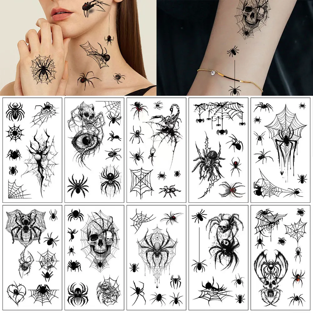 10 Sheets Spider Web Tattoo Stickers Black Skeleton Head Style Body Makeup Waterproof Temporary Tattoo Halloween Fake Tattoo