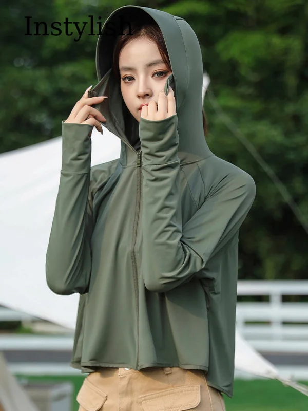 Women Sun Protection Hooded Jacket Full Zip Long Sleeve Thumb Hole Face Cover Lightweight Outdoor Cropped Sunscreen Coat