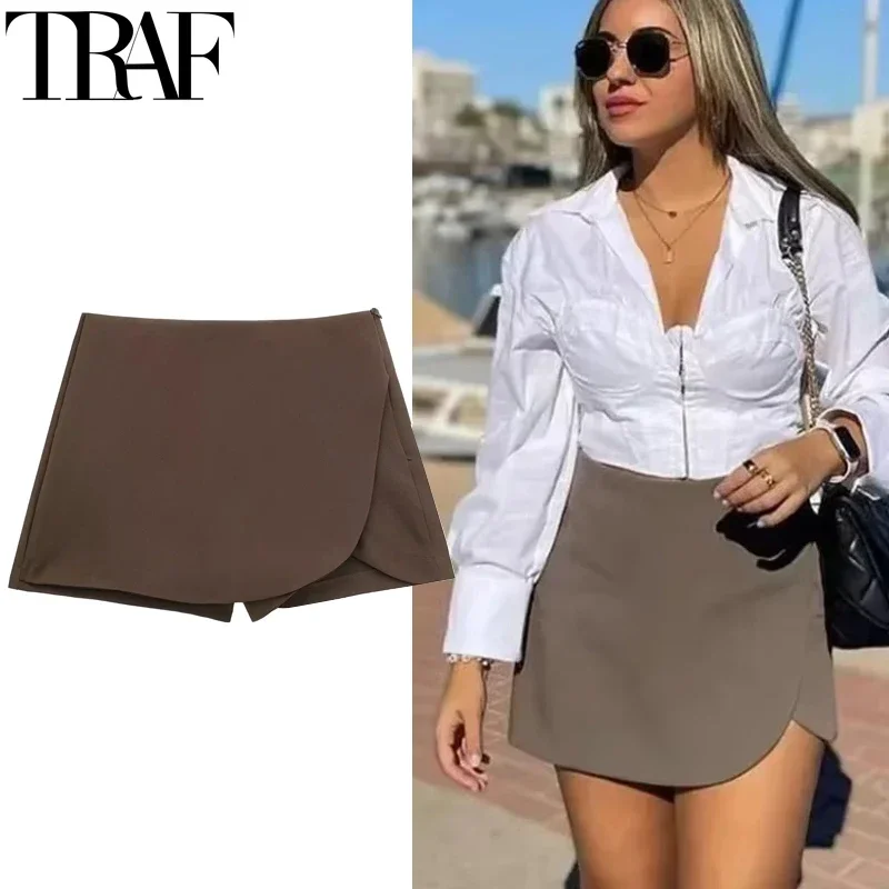 

Fashionable summer European and American style high waist slim and versatile solid color irregular mini casual shorts skirt