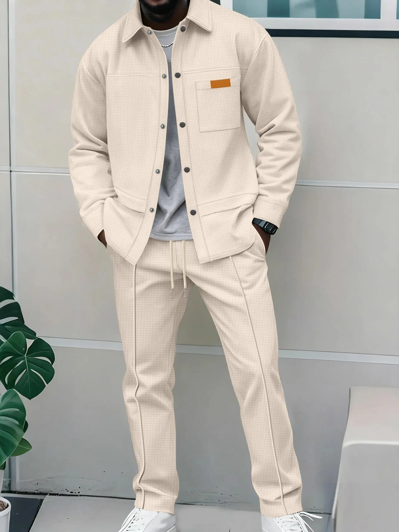 Men's Casual Long Sleeve Collar Jacket Set with Pocket Button Pure Color Autumn New Style Comfortable Fit Standard Version