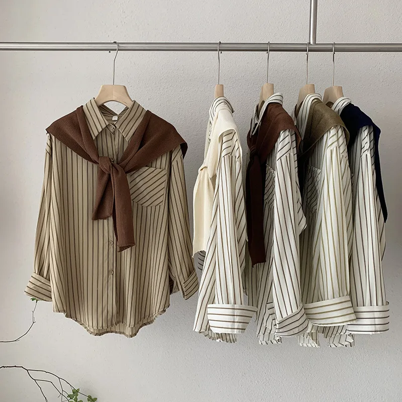 Women Long Sleeve Blouses Spring Autumn Turn Down Collar Striped Shirts With Knitted Shawl Lady Loose Blouse Sets