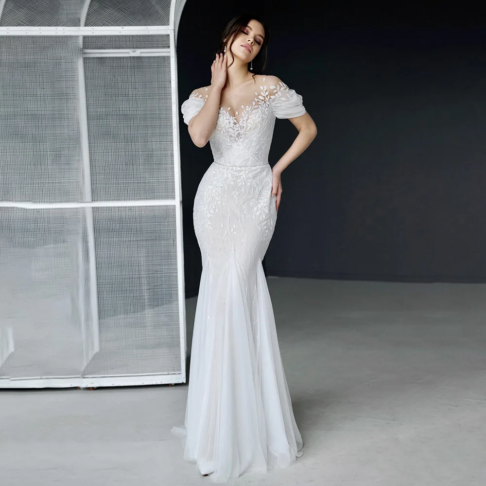 

Elegant Sheer Neck Tulle Mermaid Wedding Dress for Women Appliques Lace Court Sleeveless Wedding Bridal Gown robe de mariée