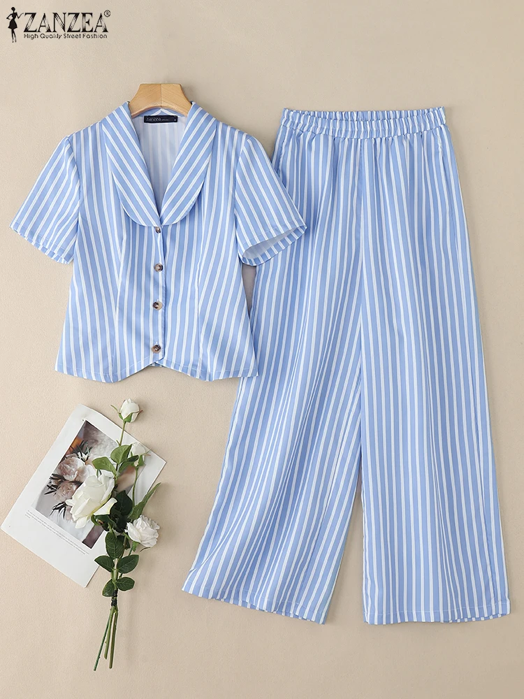 ZANZEA Womens Elegant Office 2 Pieces Sets Shawl Collar Short Sleeve Shirts Wide Leg Pants 2pcs Outfit Suits Striped Pant Sets