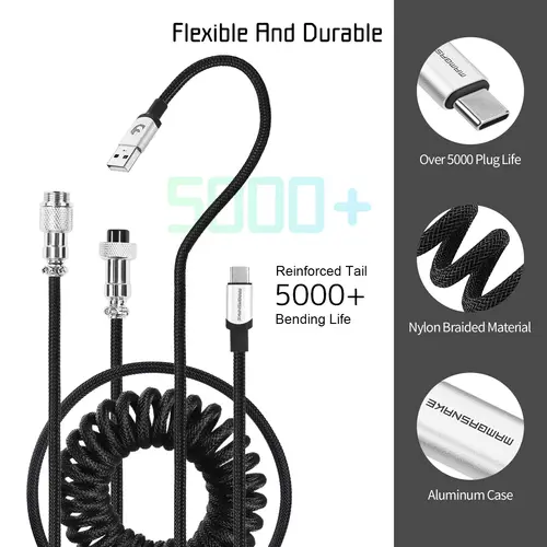 Imagen 2 del producto ATTACK SHARK C01 PRO Cable USB C en espiral para teclado de juegos, Cable cargador de teclado mecánico de doble manga trenzado personalizado