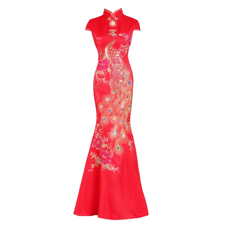 capodanno cinese vestiti delle donne abito lungo rosso cinese coda di sirena abito da sposa festa cheongsam qipao sposa plus size intrattenimento musiche e canzoni