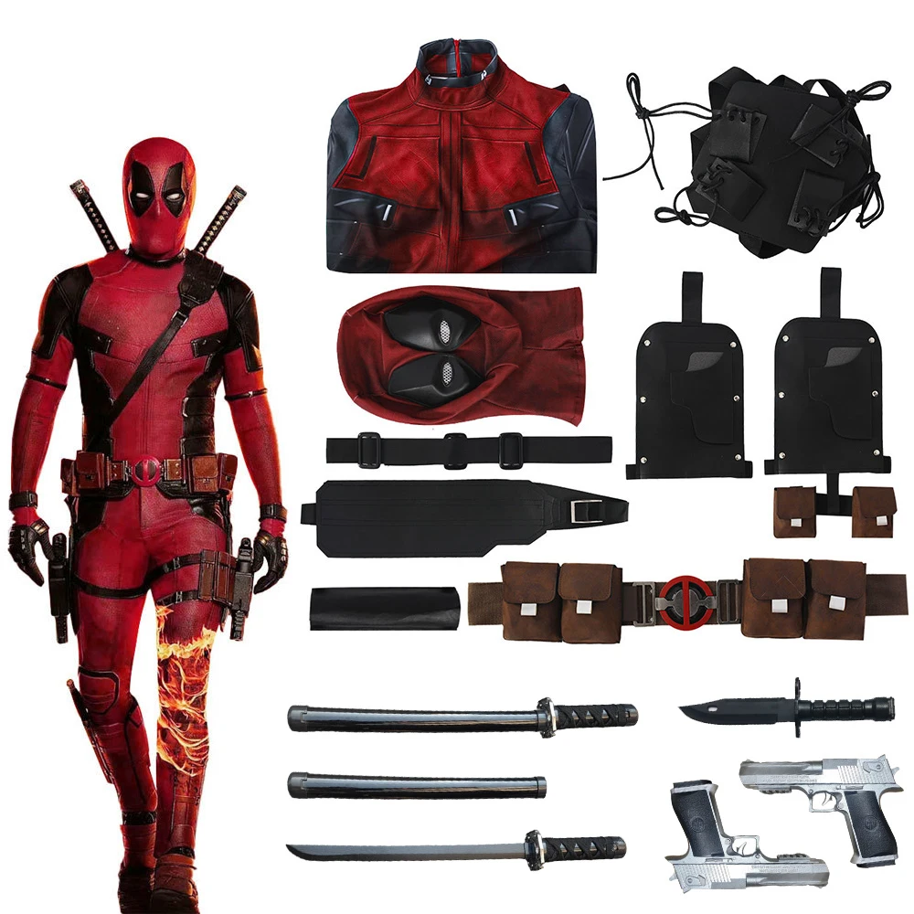 

High Quality Deadpool Costume Adult Men Cosplay Costume Deadpool Jumpsuit Mask Belt Roleplay Costume (height of 160CM-195CM)