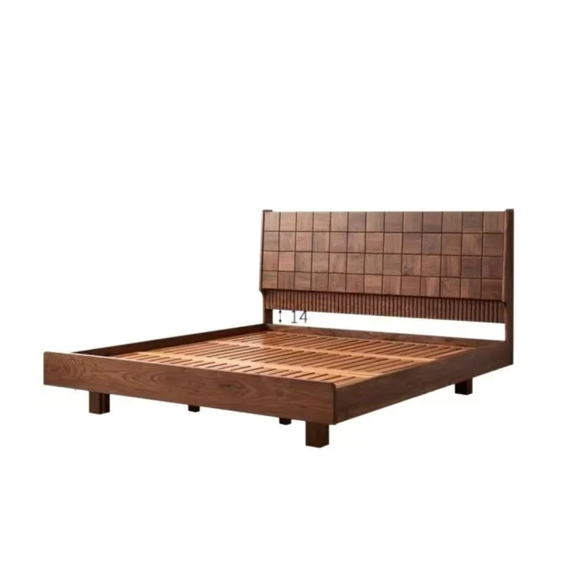 

North American black walnut bed Modern simple Japanese cherry wood bedroom Double bed Nordic solid wood square suspended bed
