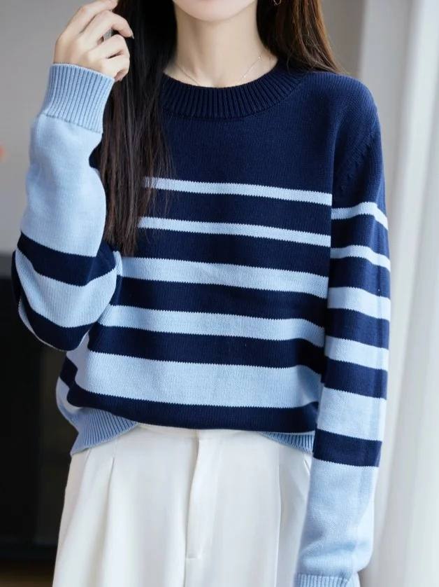 Marque sortie couleur Blo rayure tricots longue Sve coupe ajustée vêtements intérieurs contraste couleur décontracté Sle doux coton mélange haut