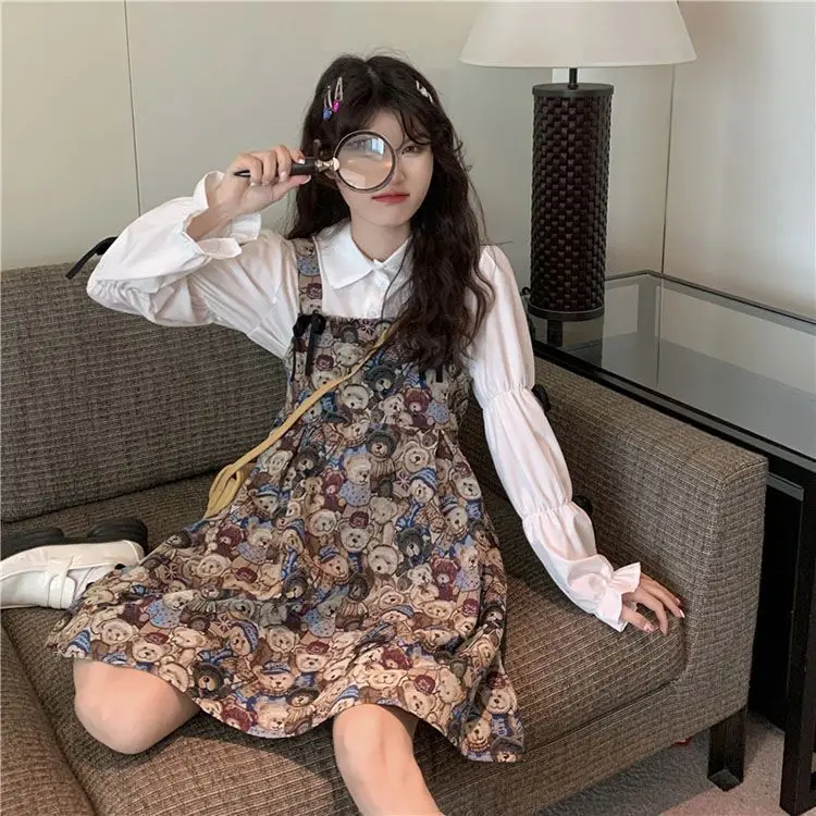 Sweet New Long Sleeve Set Design Dress Bow Shirt Two Little Bear Strap Skirt
