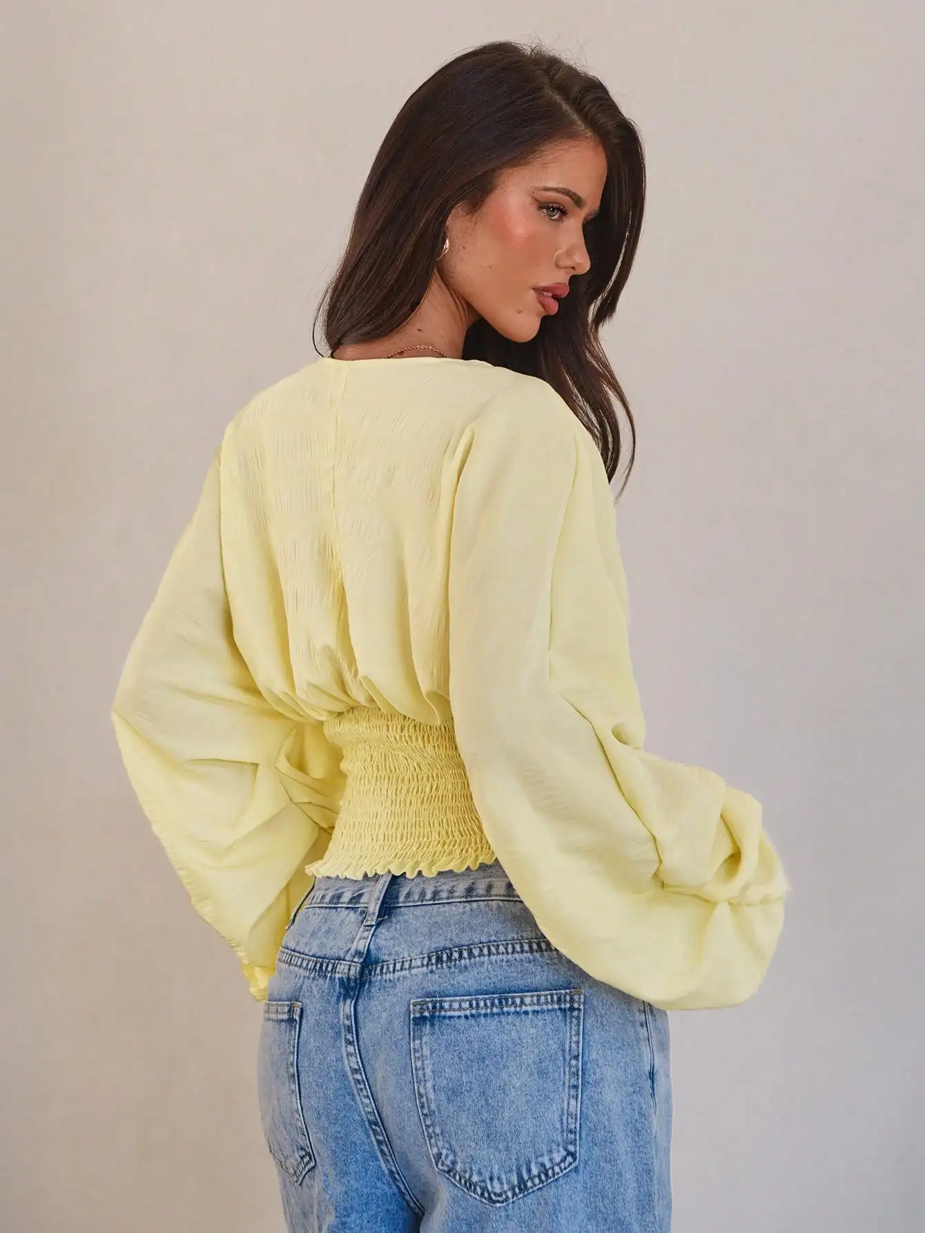 

Elegant Shirred Batwing Sleeve Cinched Waist Solid Yellow Long Sleeve Blouse For Women
