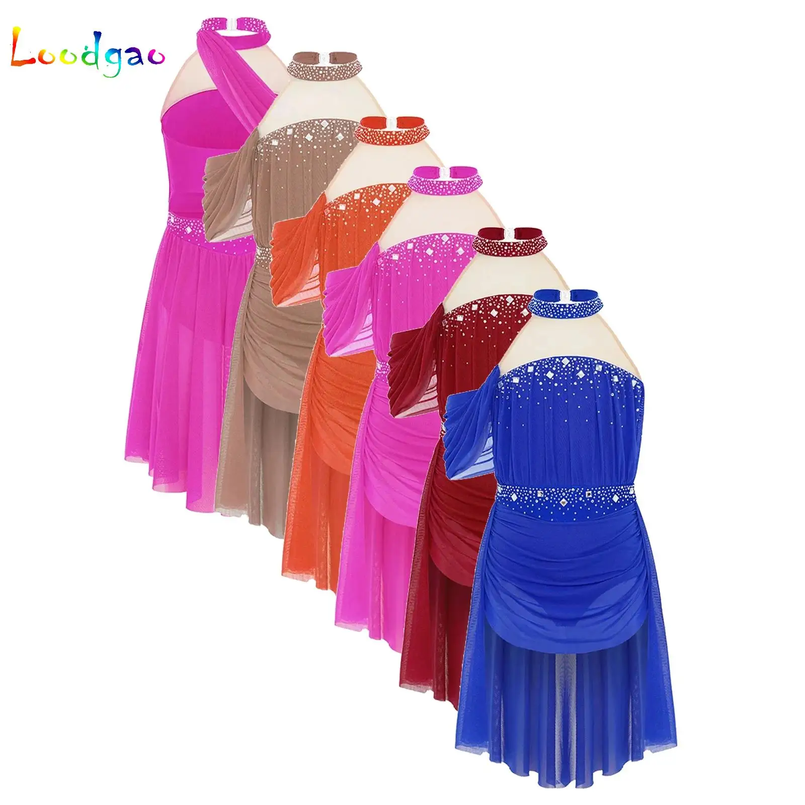 

Kids Girls Lyrical Dance Performance Costume Figure Skating Ballet Modern Dancewear Shiny Rhinestones Ruched Mesh Drape Dress