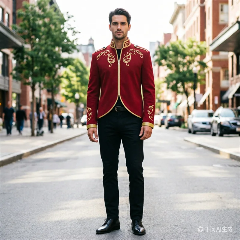 

British style - red men's stand up collar embroidered suit jacket, blue men's wedding ball patchwork dress jacket.