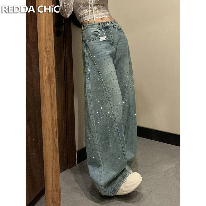 

Джинсы ReddaChic Do Old Women с камнями, ретро, с низкой посадкой, фасон «морковки», с пэчворком, широкие, джинсовые брюки, для фестивалей, в стиле скейтер, уличная мода