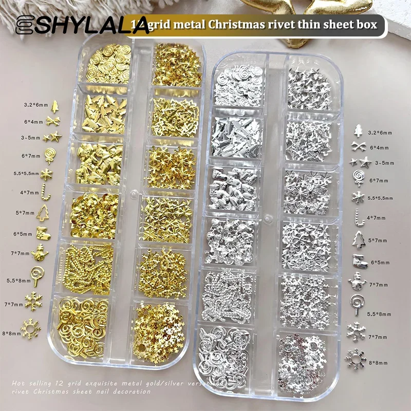 12 Grids Christmas Metal Slice Xmas Tree Snowflake Lollipop Gear Star Gold Silver Nail Art Sequins Decorations Manicure Charms
