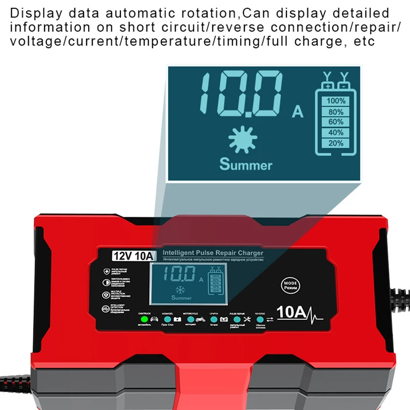 12V 10A Smart Charging Alligator Clip Charger LCD Display Car and RV Jump Starter Battery Charger For Lifepo4 Lead Acid AGM GEL