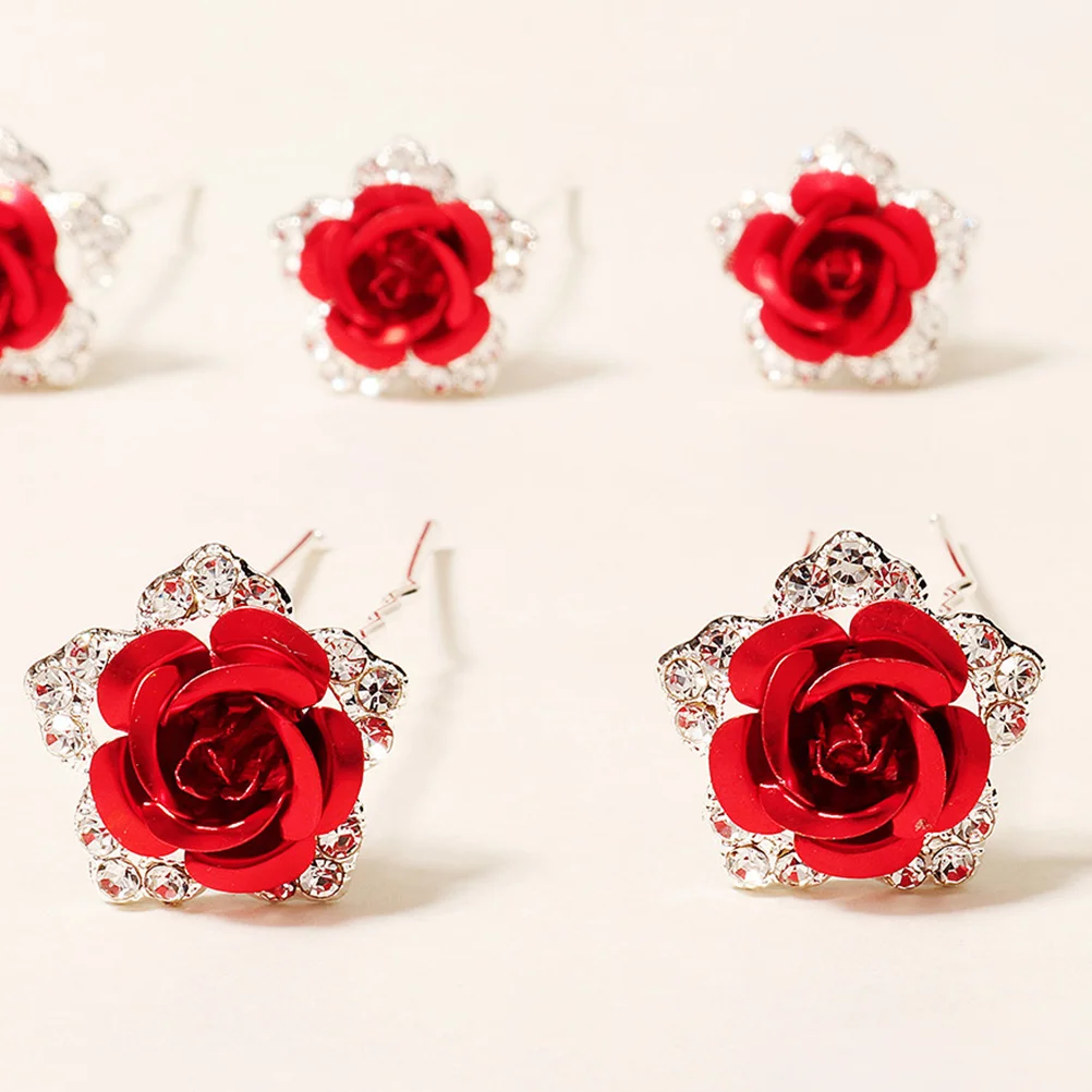 

6pcs Rose Flower Hairpin U-Shaped Bridal Hair Stick Sparkling Wedding Hair Accessories For Women Elegant Party Headdress
