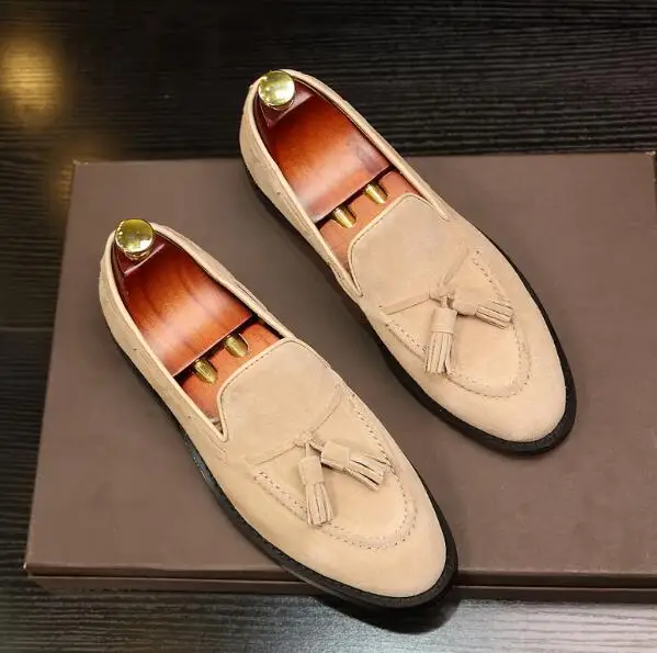 Pure Hand Made Chocolate Apricot Suede Tassel Round Toe Low Top Loafers Men Genuine Leather Slip On Outdoor Flat Casual Shoes