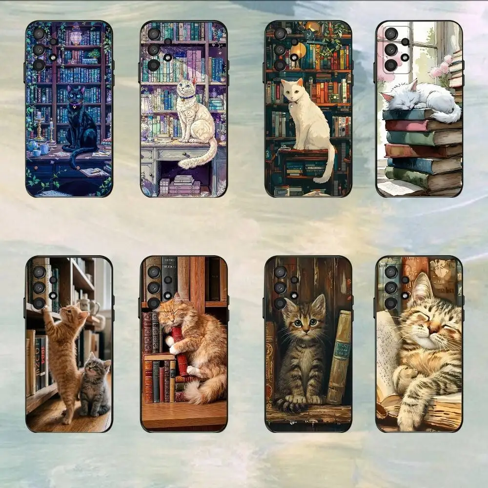 Cute Butterfly Cat Bookshelf  Phone Case For Samsung S25,S24,S21,S22,S23,S30,Ultra,S20,Plus,Fe,Lite,5G Black Cover