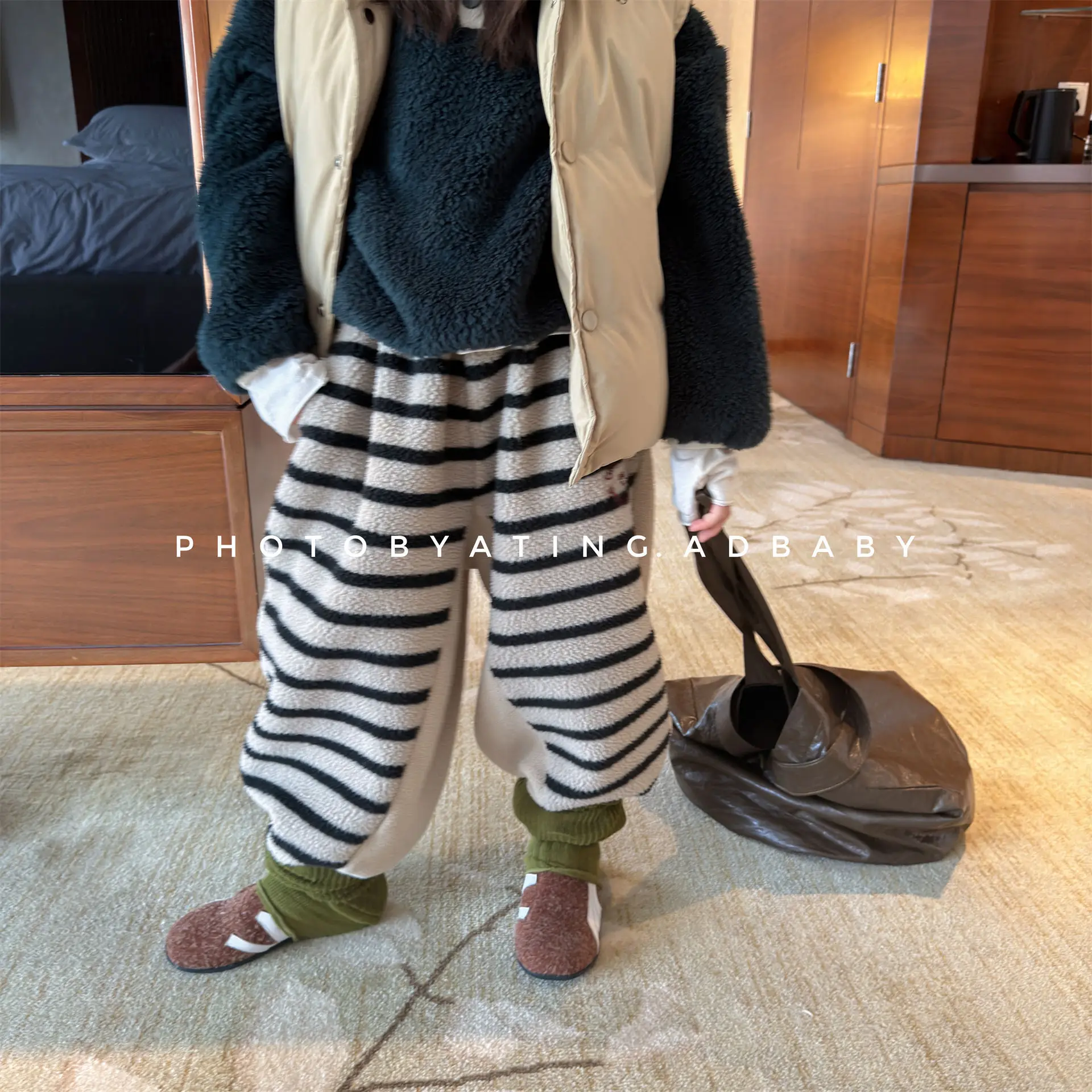 Children Striped Pant 2026 New Children's Clothing Girls' Korean Lamb Velvet Pants Boys' Autumn Winter Sport Pants 3