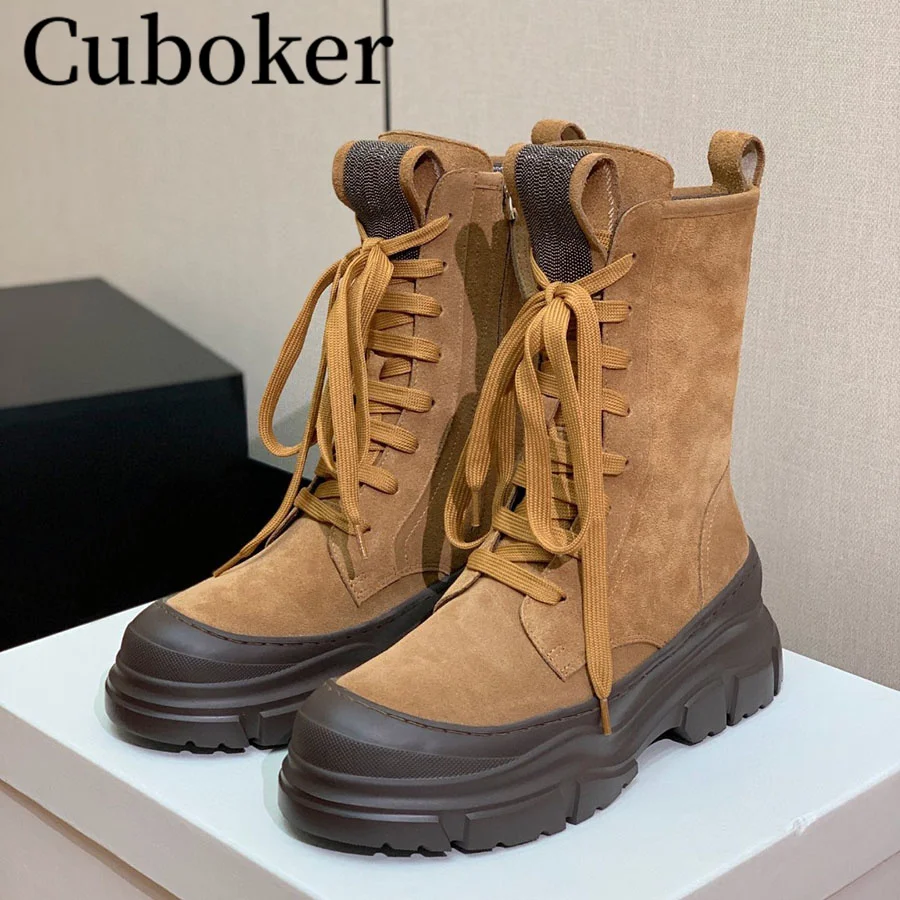 

Winter High Quality Women Suede Boots Zip Thick Sole Round toe Female Suede Lace up Ladies Motorcycle Short Boots women mujer