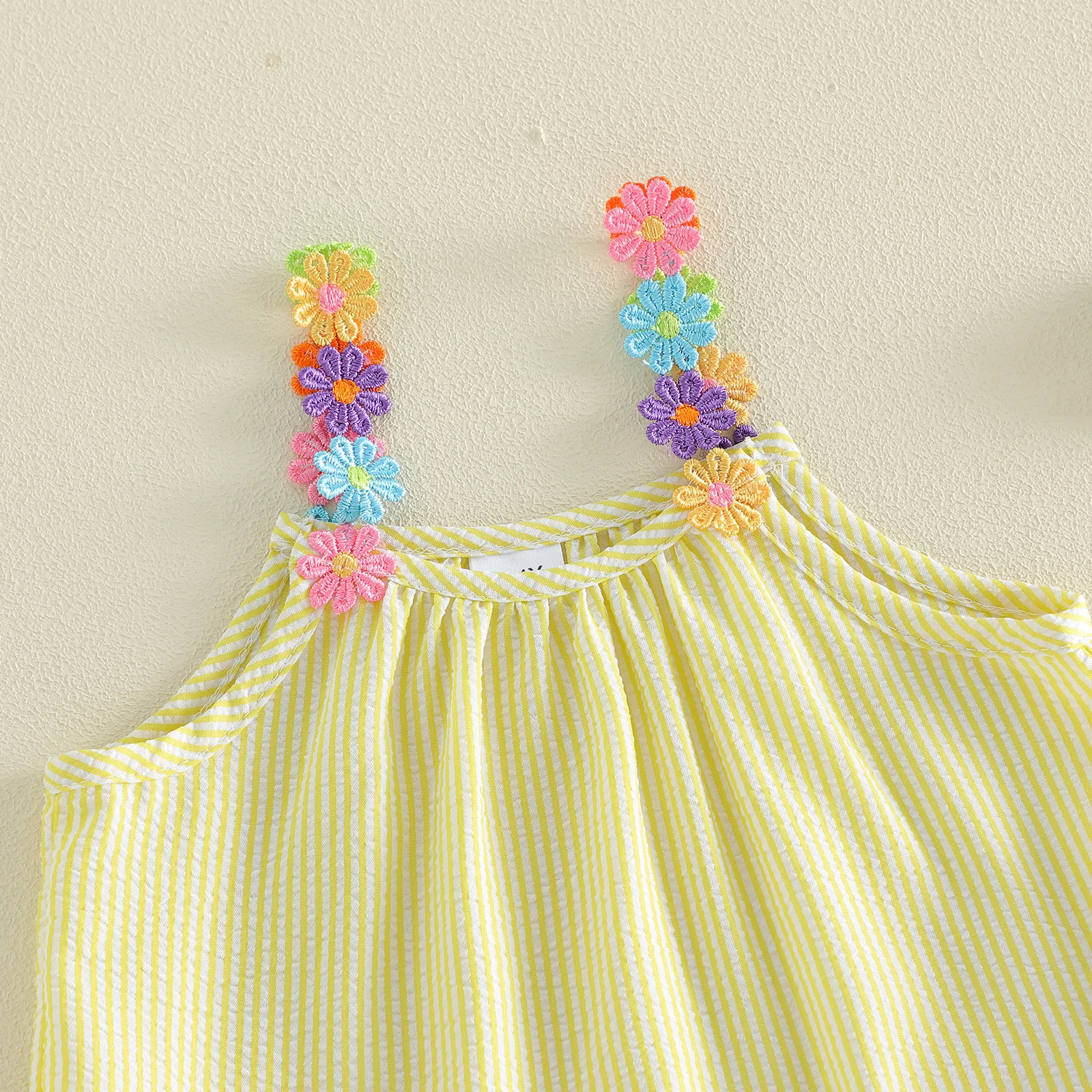 2-7Y Girls Summer 2 Piece Outfits Sleeveless Floral Shoulder Strap Striped Tops White Shorts Sets Kids Clothing
