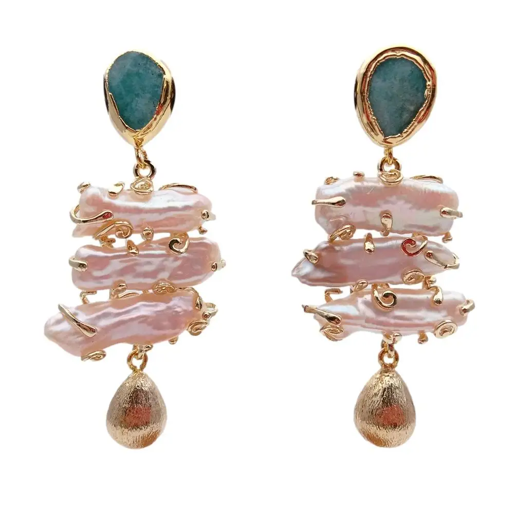 YYGEM Woman Earrings Freshwater 32x31mm Pink Biwa Pearl Green Amazonite Stud Earrings Fashion Jewelry Gift