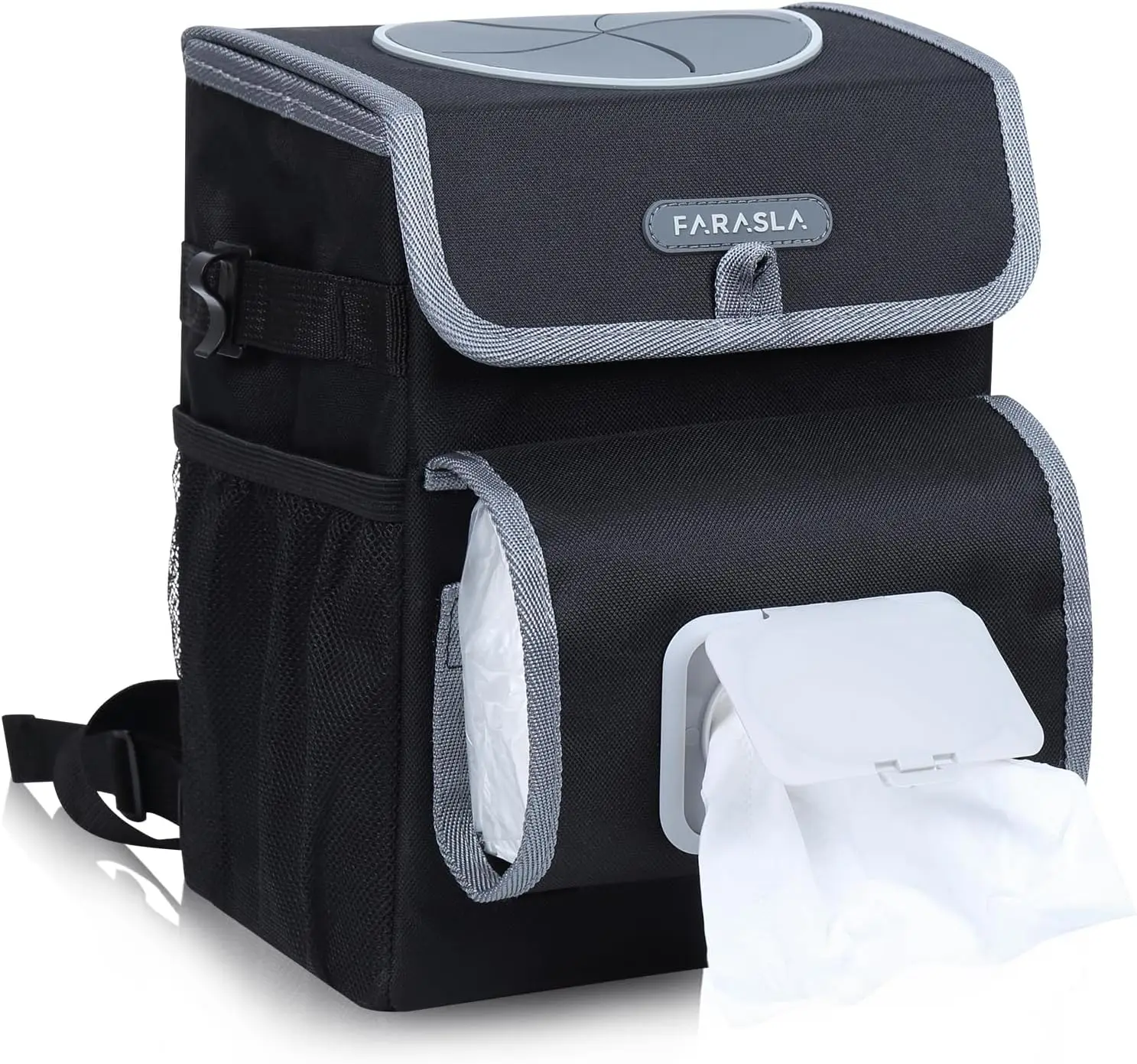 

Leakproof Car Trash Can with Adjustable Tissue Holder & Straps, All-in-One Garbage Bag for Vehicle Interior (Black)