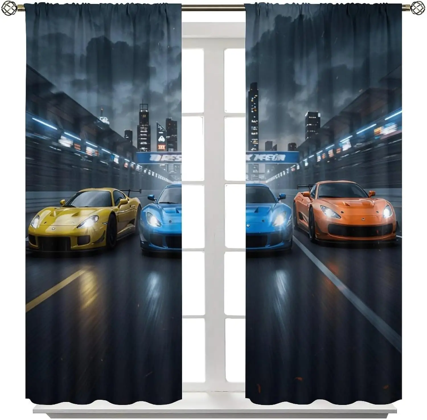 Speed Racing Curtain, High-Speed Night City Extreme Sport Cars Cool Design Window Drapes for Kids Boys Bedroom Living Room