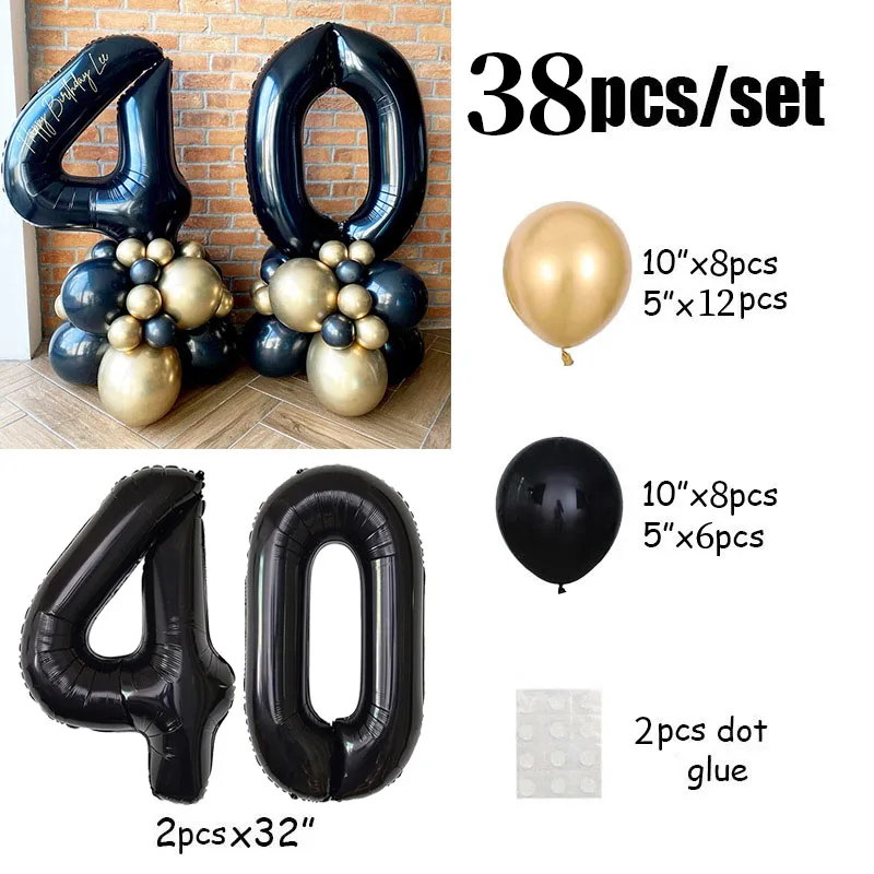 38pcs Black Number Foil Balloons Happy Birthday Party Decorations Kids Adult Boy Girl 10 11 14 15 25 30 35 40 50 60 70 Year Old