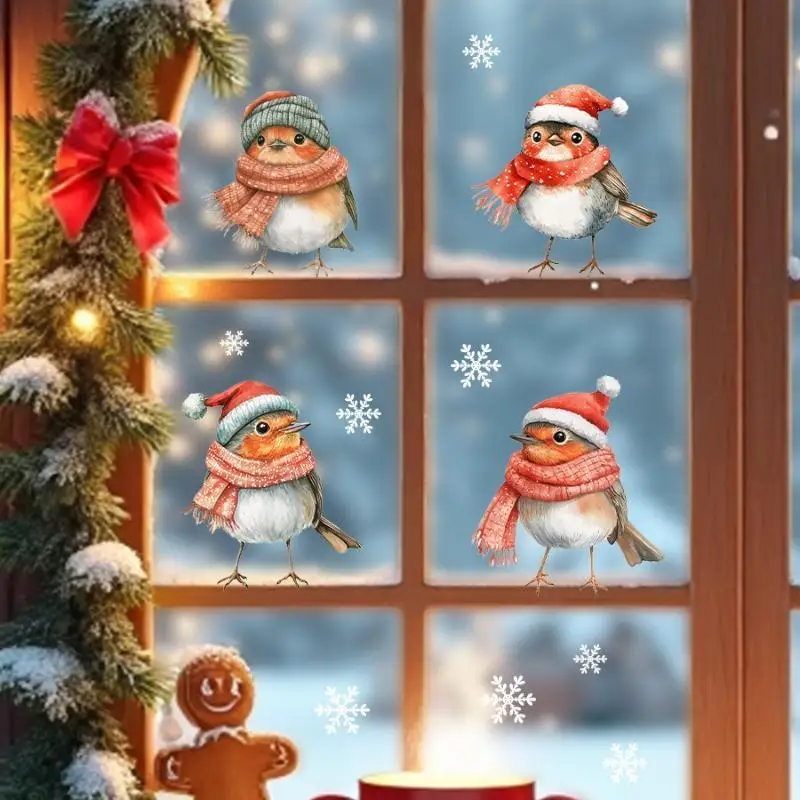 Christmas Robin Window Stickers Cute: Winter Hat Scarf Snowflake Patterns Xmas Home Decoration
