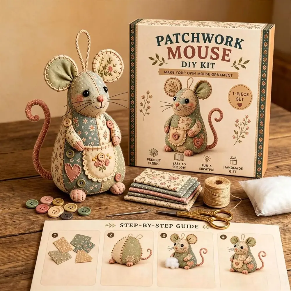 Handmade Patchwork Mouse Kit Pre Cut Fabric Step by Step Guide Mouse Sewing Kit Buttons Included Stuffing Included
