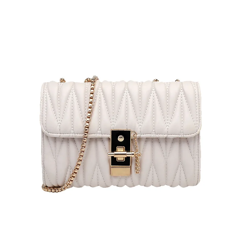 Fashion Women's Small Square Bag One Shoulder Crossbody Handbag Sewing Pleated Metal Chain Shoulder Strap Handbag Western Style