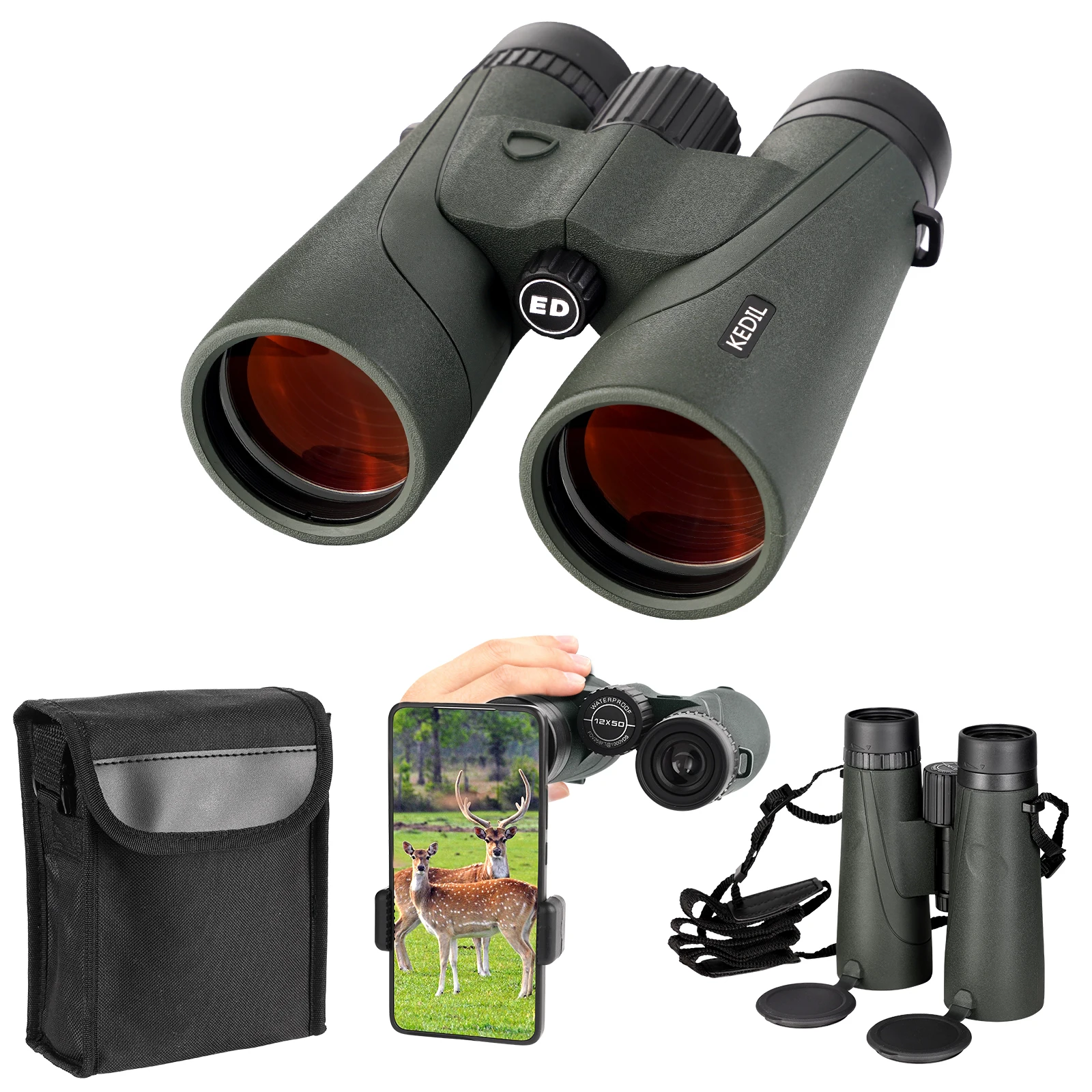 12x50 HD Binoculars for Adults Powerful Telescope with Phone Adapter BAK4 FMC Waterproof for Bird Watching Hunting Hiking Travel